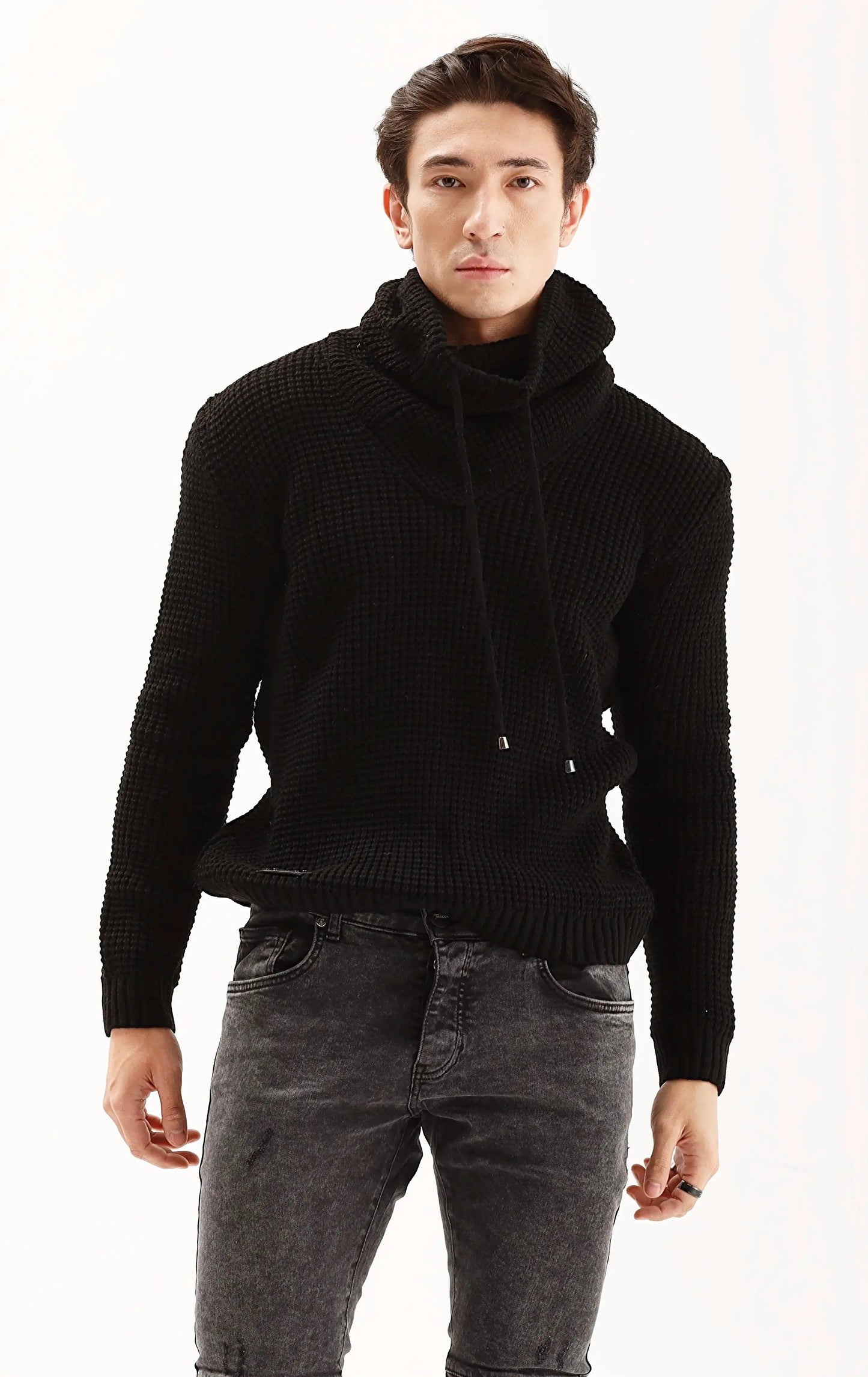 Men's Black Cowl Neck Knit Sweater THIMOON®