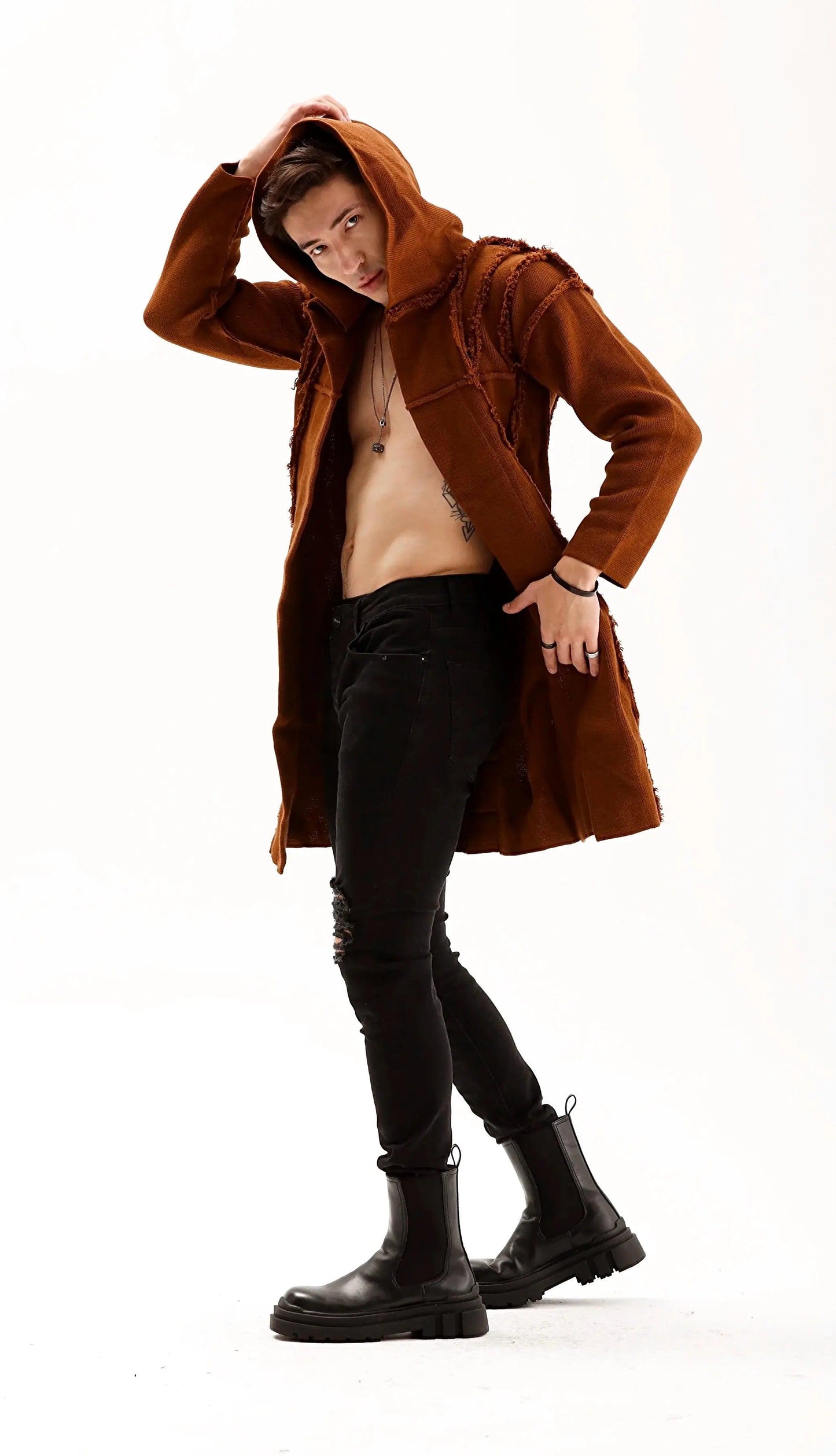 Men's Brown Long Open Front Hooded Cardigan THIMOON®