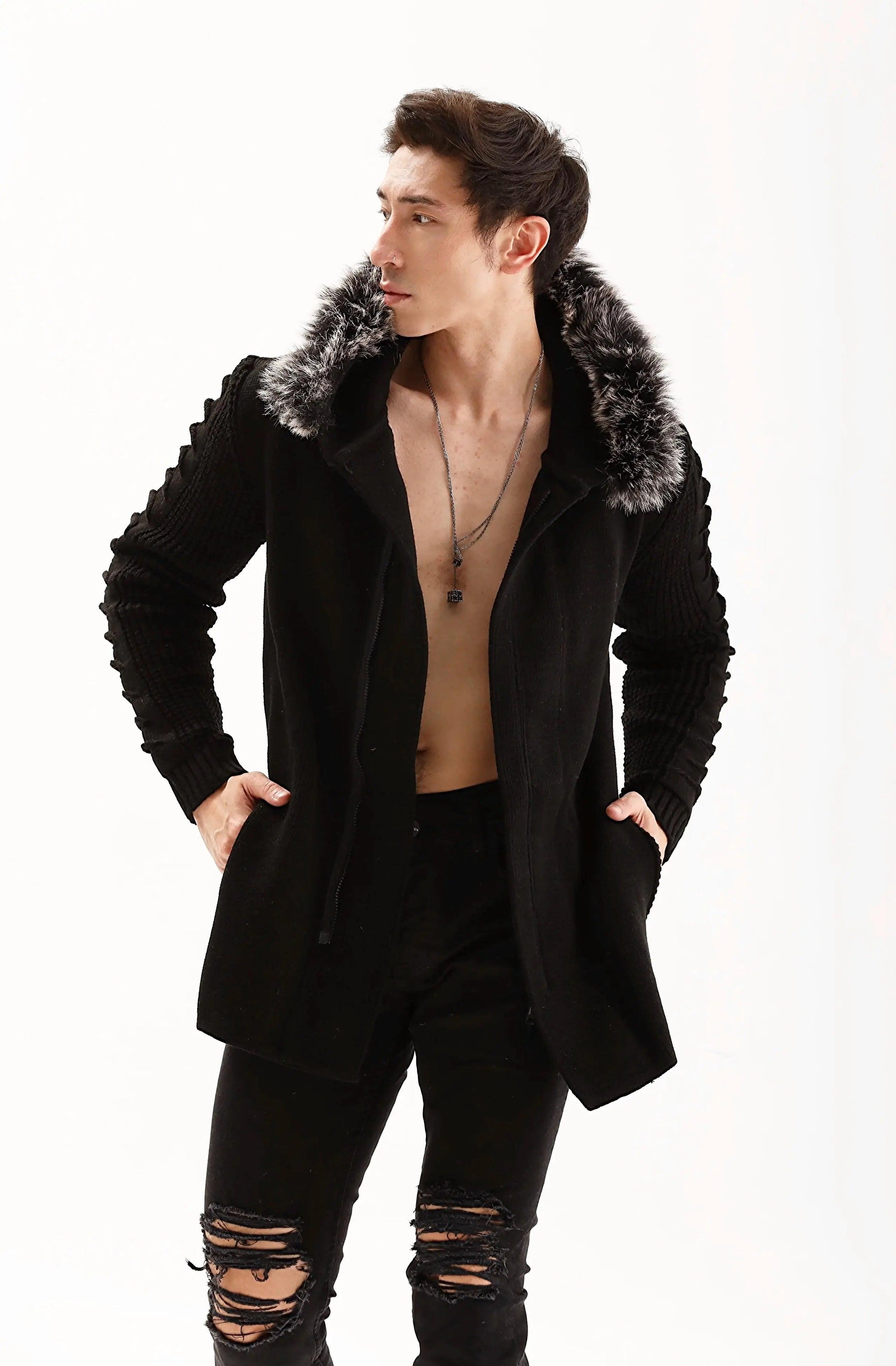 Men's Fur Hooded Black Zip Up Cardigan THIMOON®