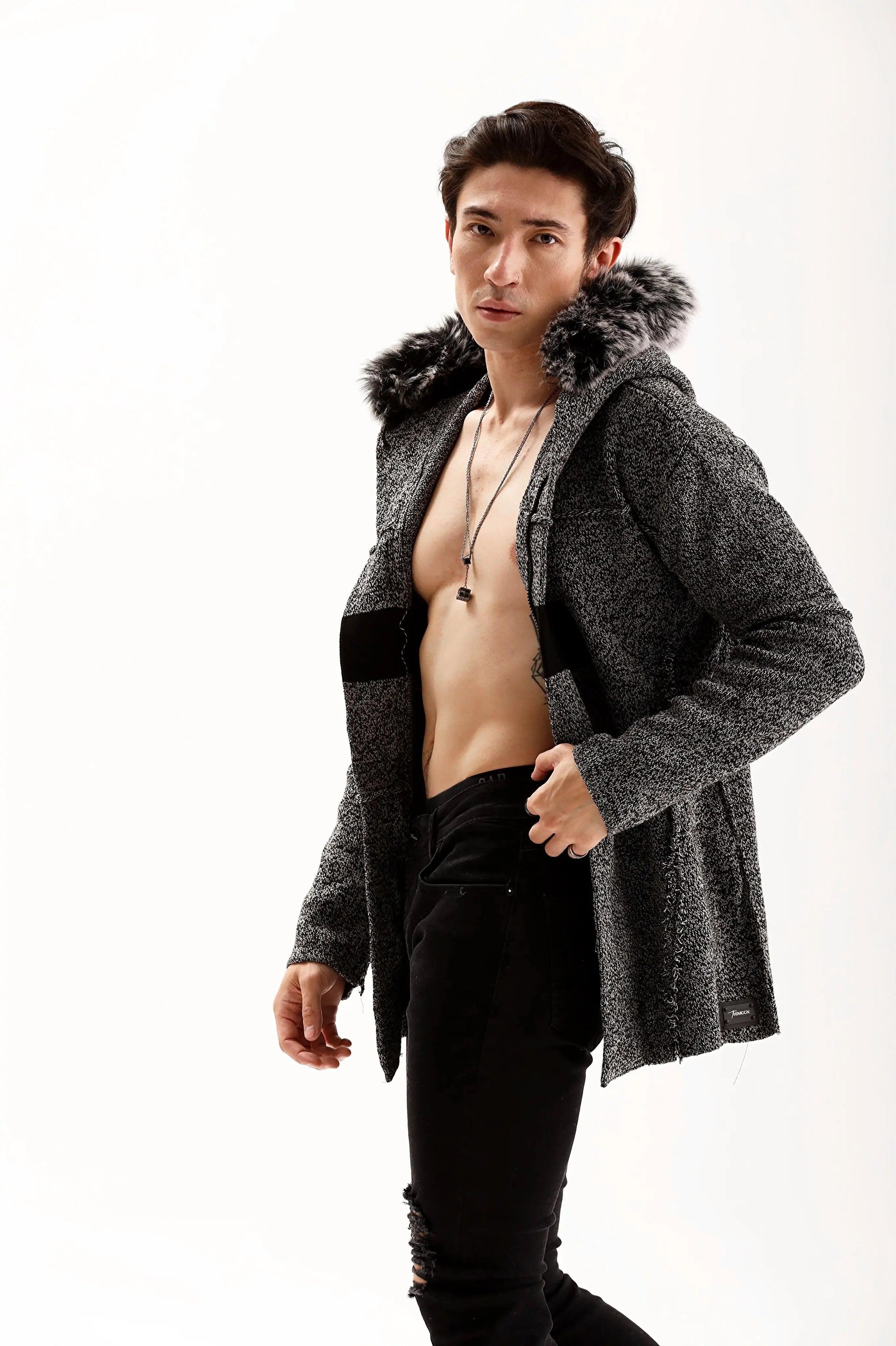 Men's Grey Fur Hooded Zip Up Cardigan THIMOON®