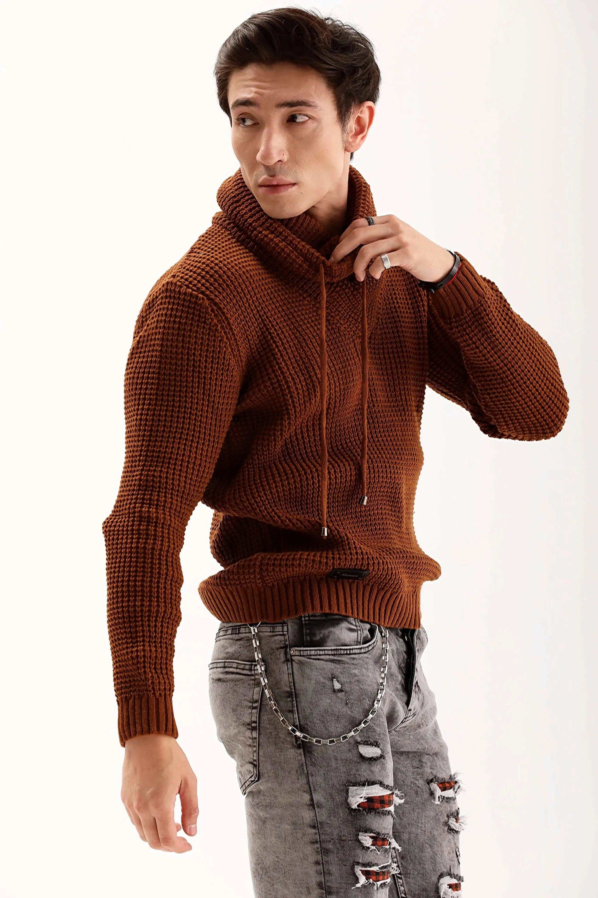 Men's Brown Cowl Neck Knit Sweater THIMOON®