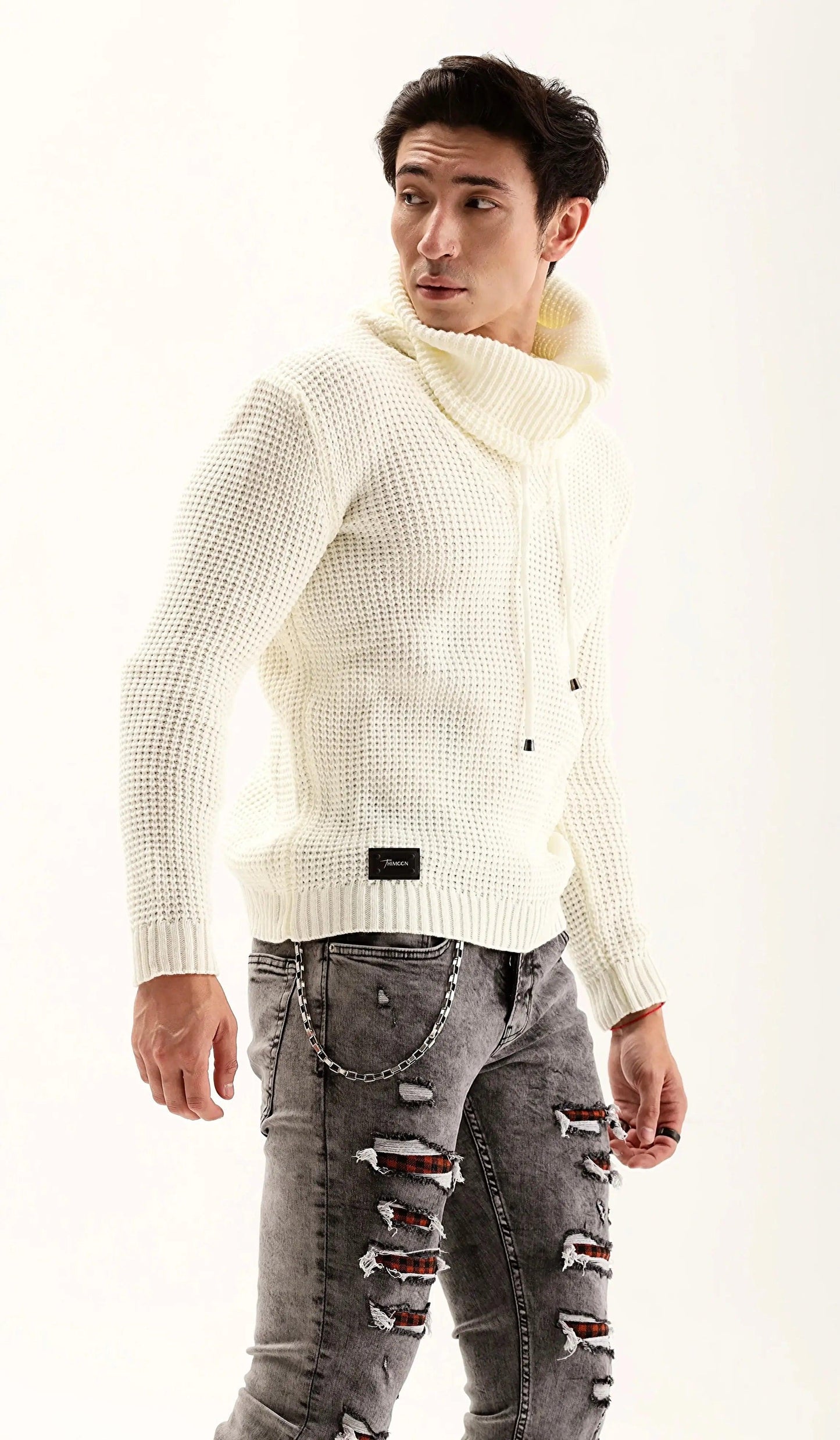 Men's Cream Cowl Neck Knit Sweater THIMOON®