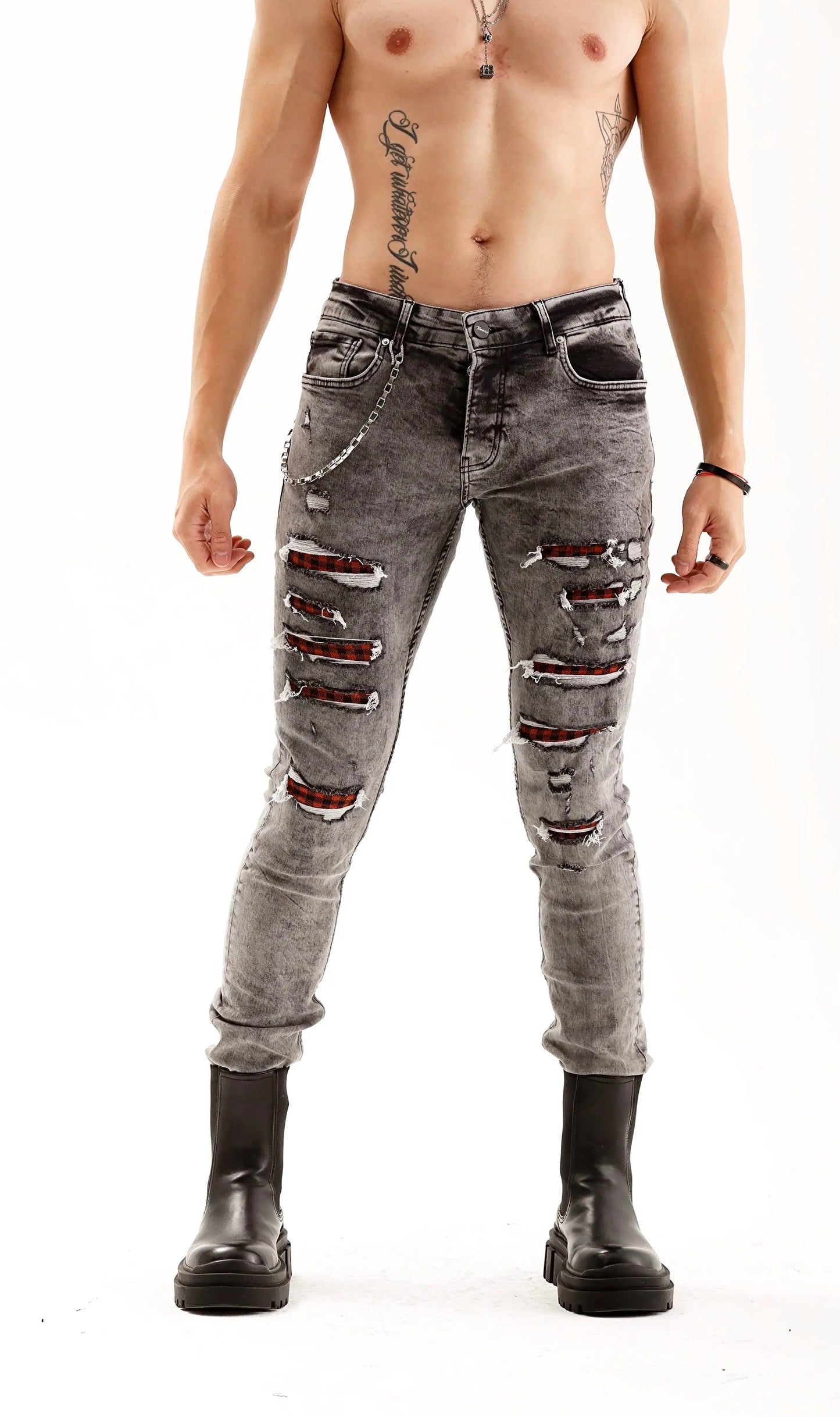 Men's Grey Ripped Knee Skinny Fit Jeans THIMOON®