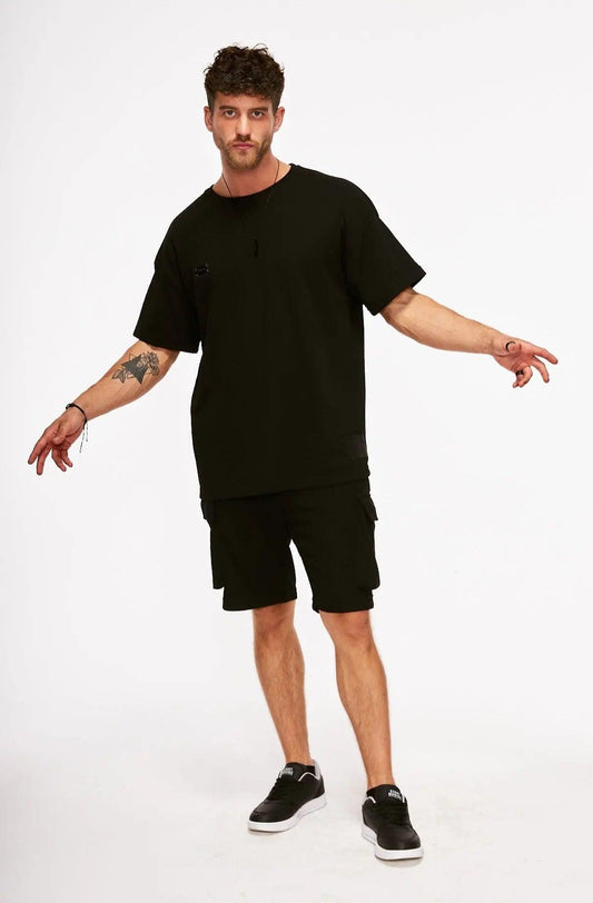 Men's Texture Taped Black T-Shirt & Black Shorts