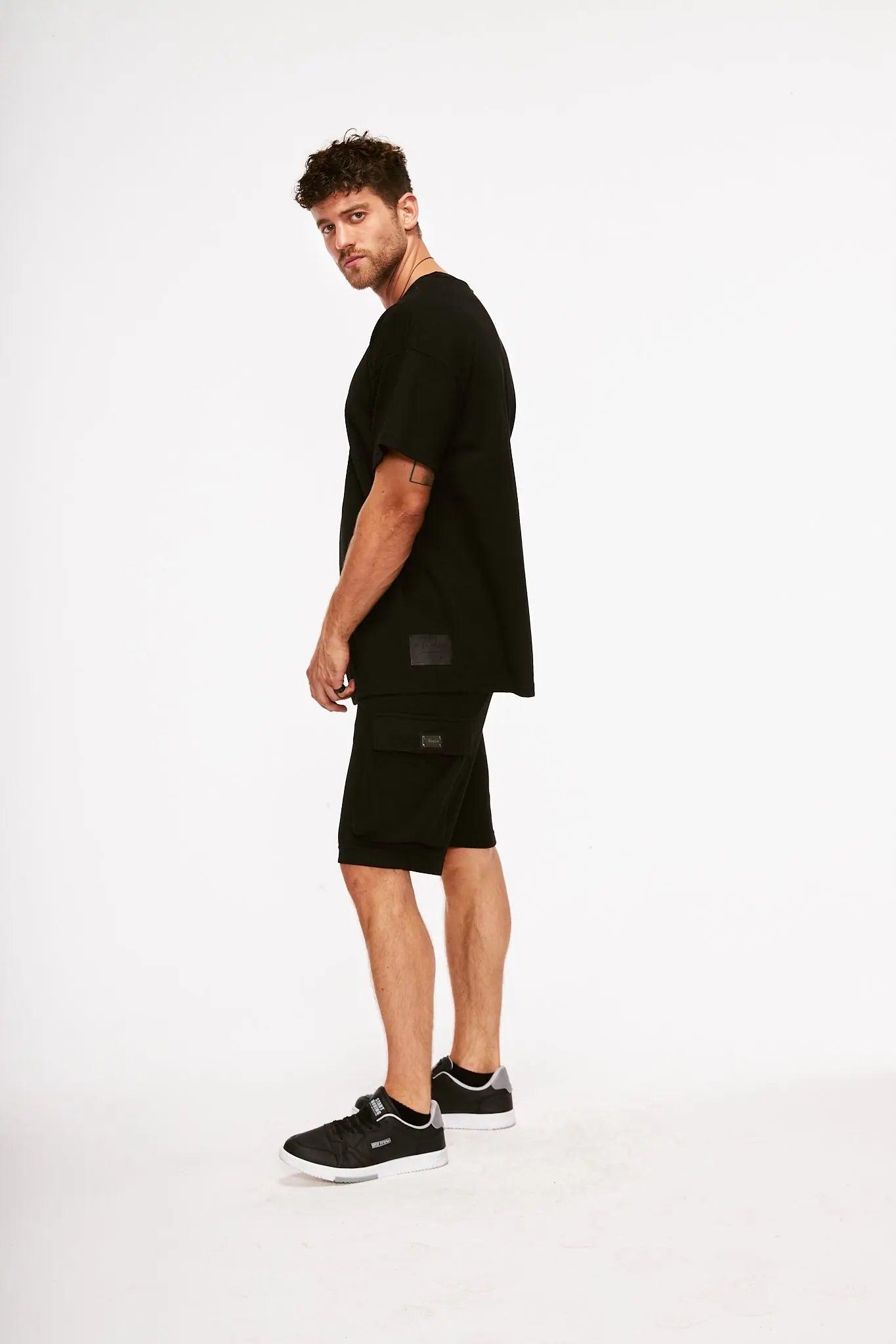 Men's Texture Taped Black T-Shirt & Black Shorts THIMOON®