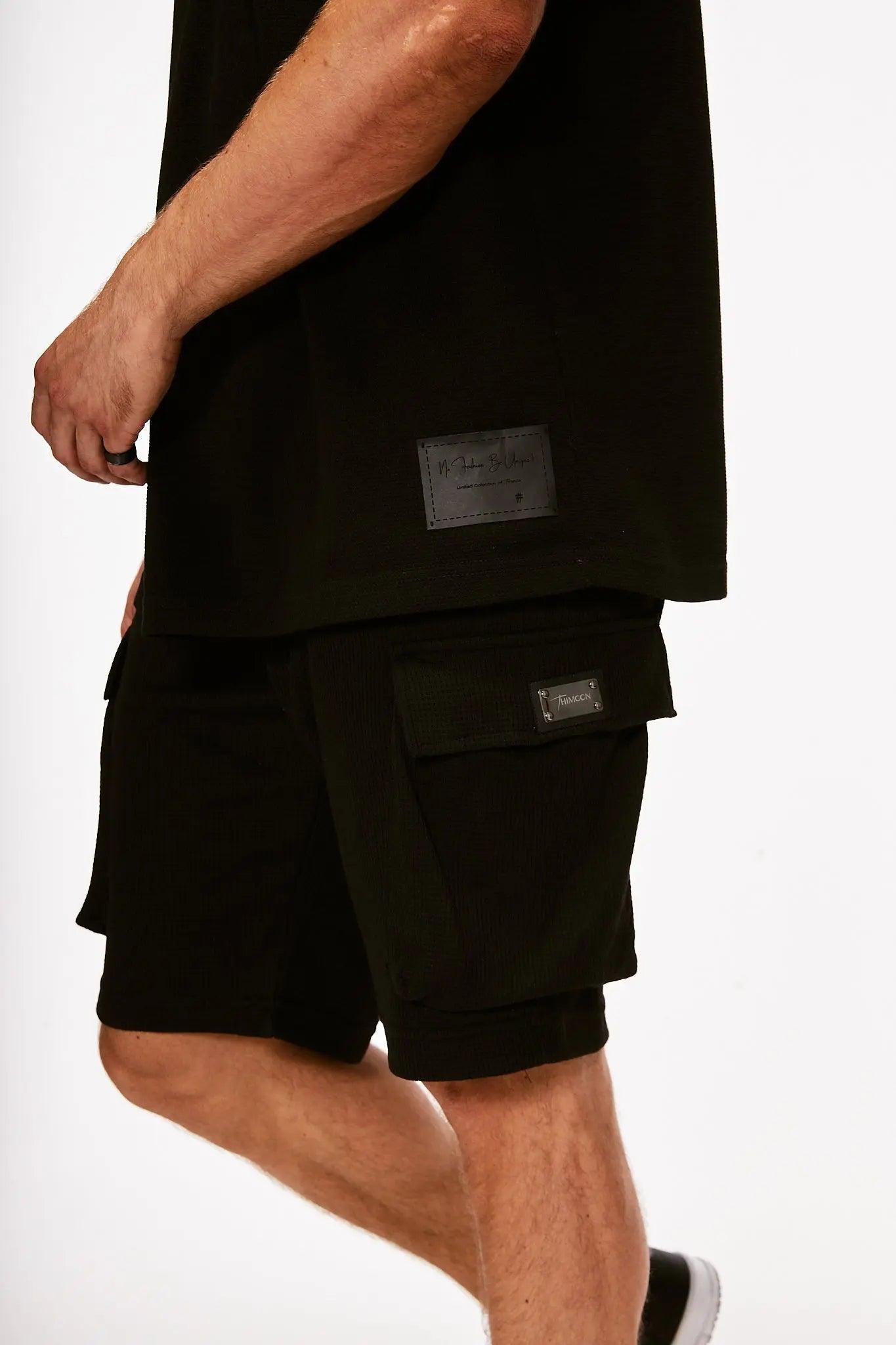 Men's Texture Taped Black T-Shirt & Black Shorts THIMOON®