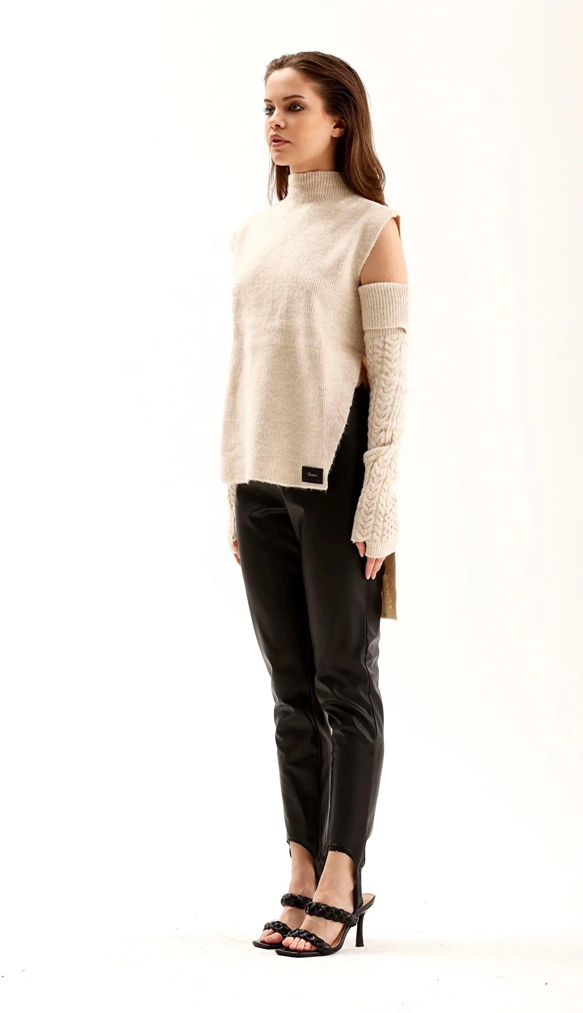 Women's Beige Adjustable Sleeve Woolen Sweater THIMOON®