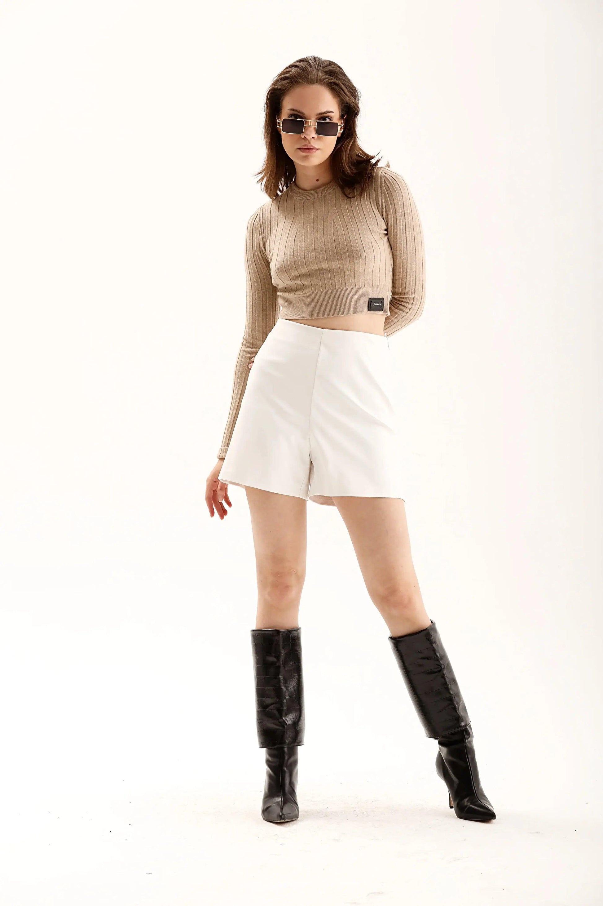 Women's Beige Soft Knit Rib Long Sleeve Cropped Sweater THIMOON®
