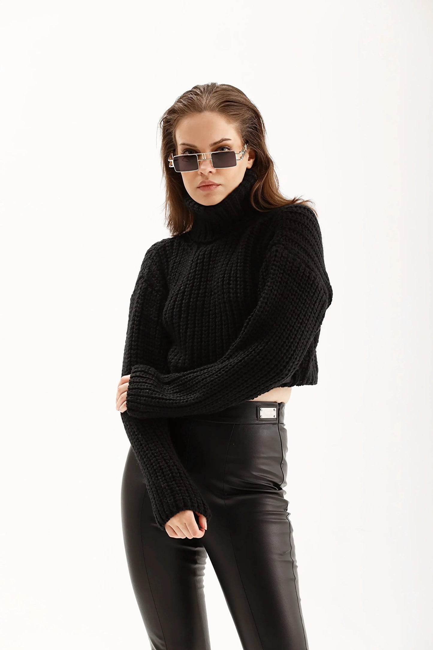 Women's Black Knitted Crop Turtleneck Sweater THIMOON®