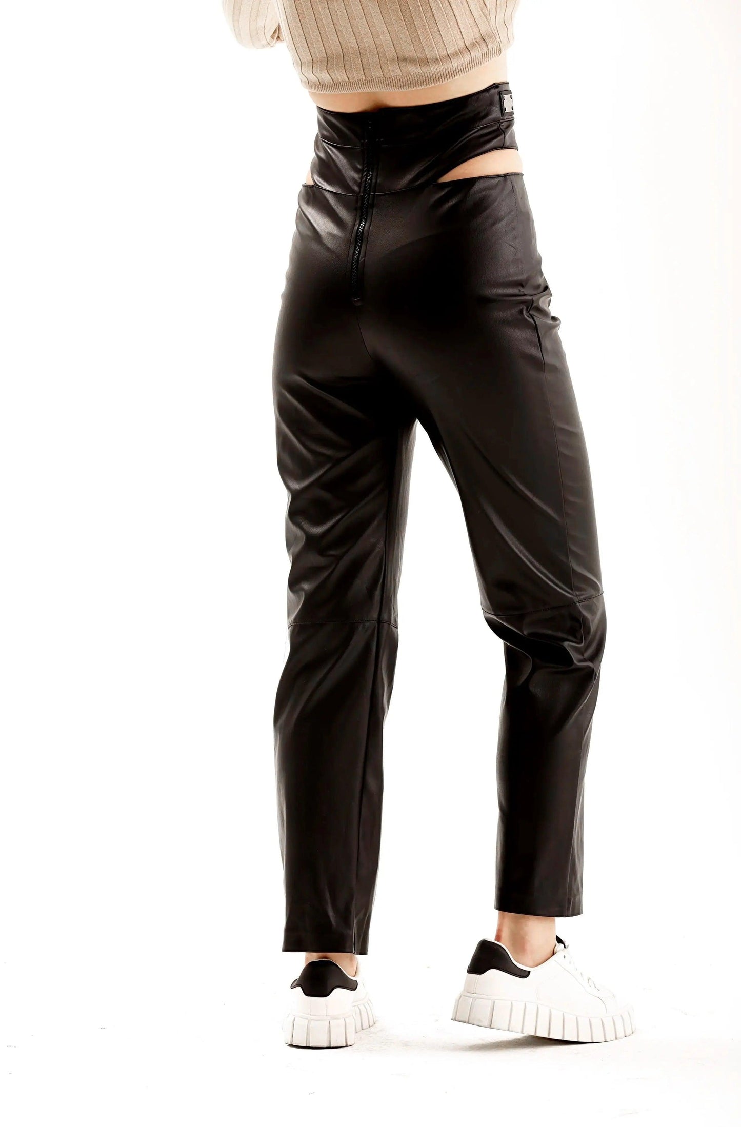 Women's Black Leather Pants with Zip Waist Detail THIMOON®