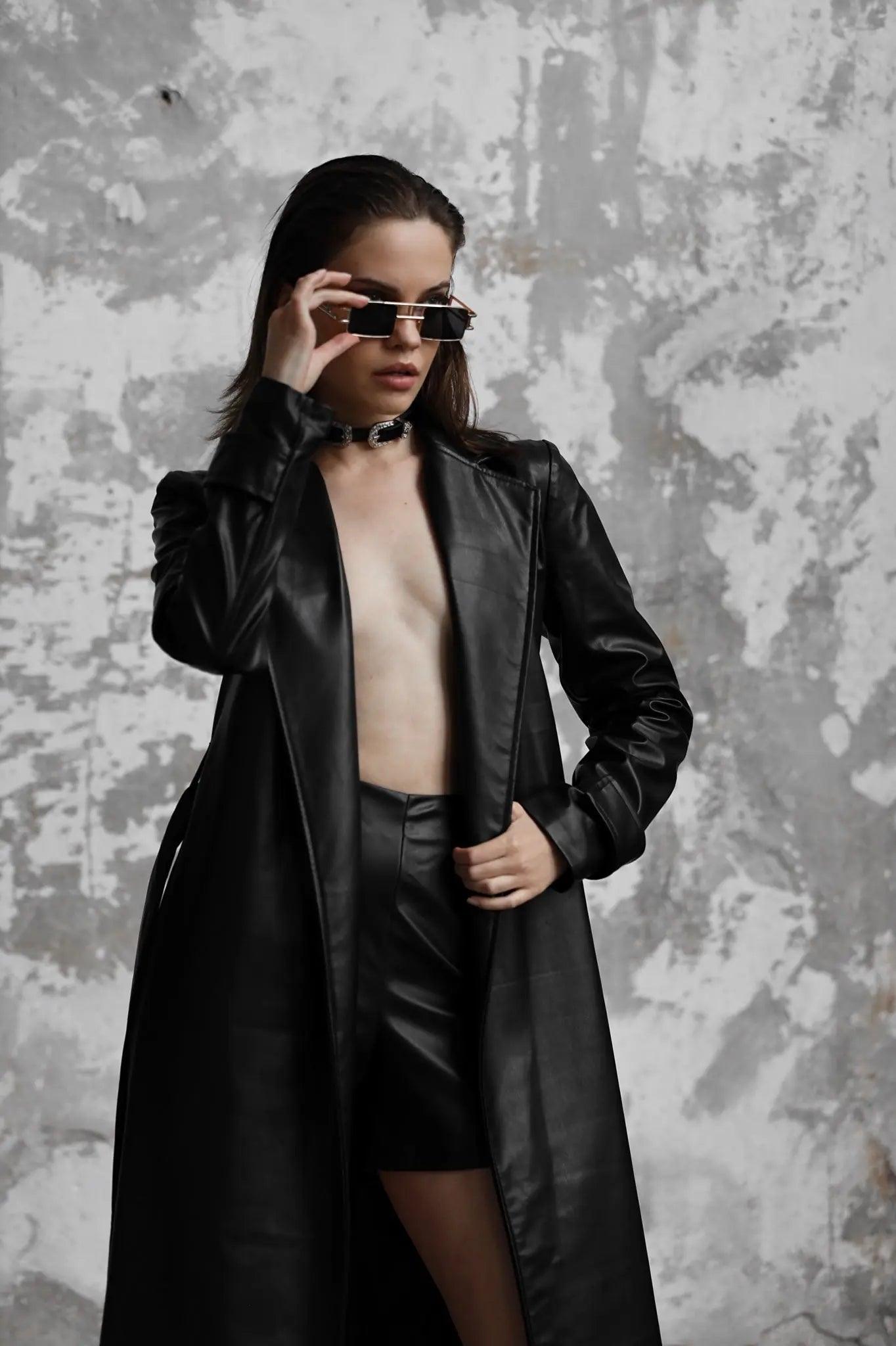 Women's Black Long Leather Trench Coat THIMOON®