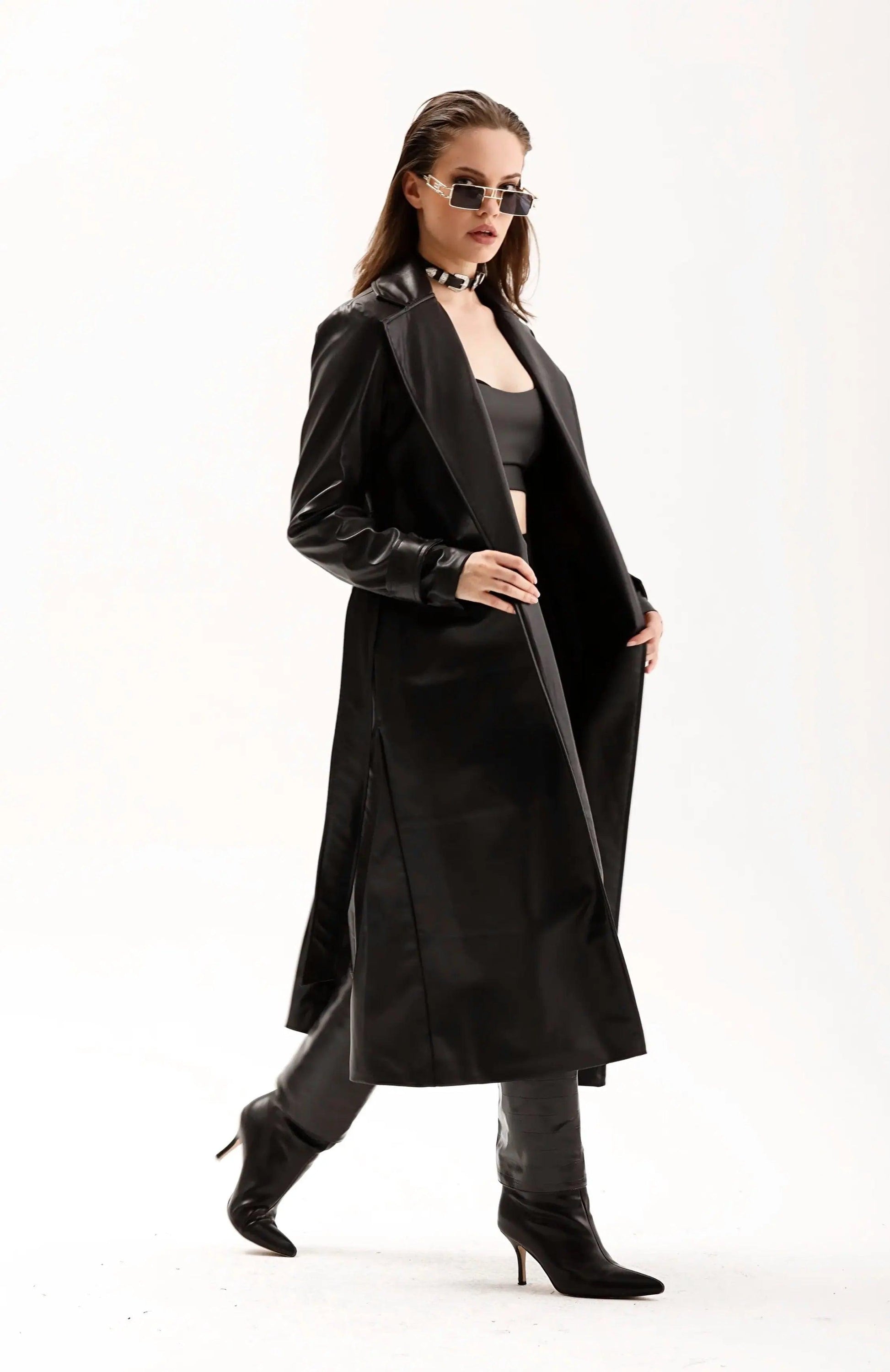 Women's Black Long Leather Trench Coat THIMOON®
