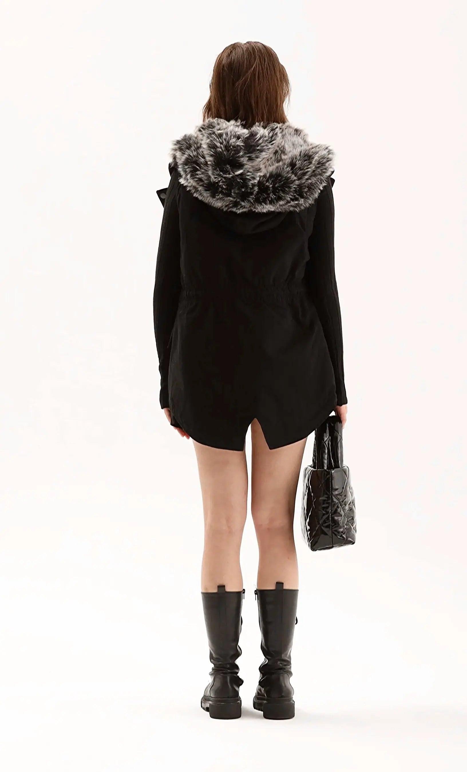 Women's Black Puffer Vest with Fur Hood THIMOON®