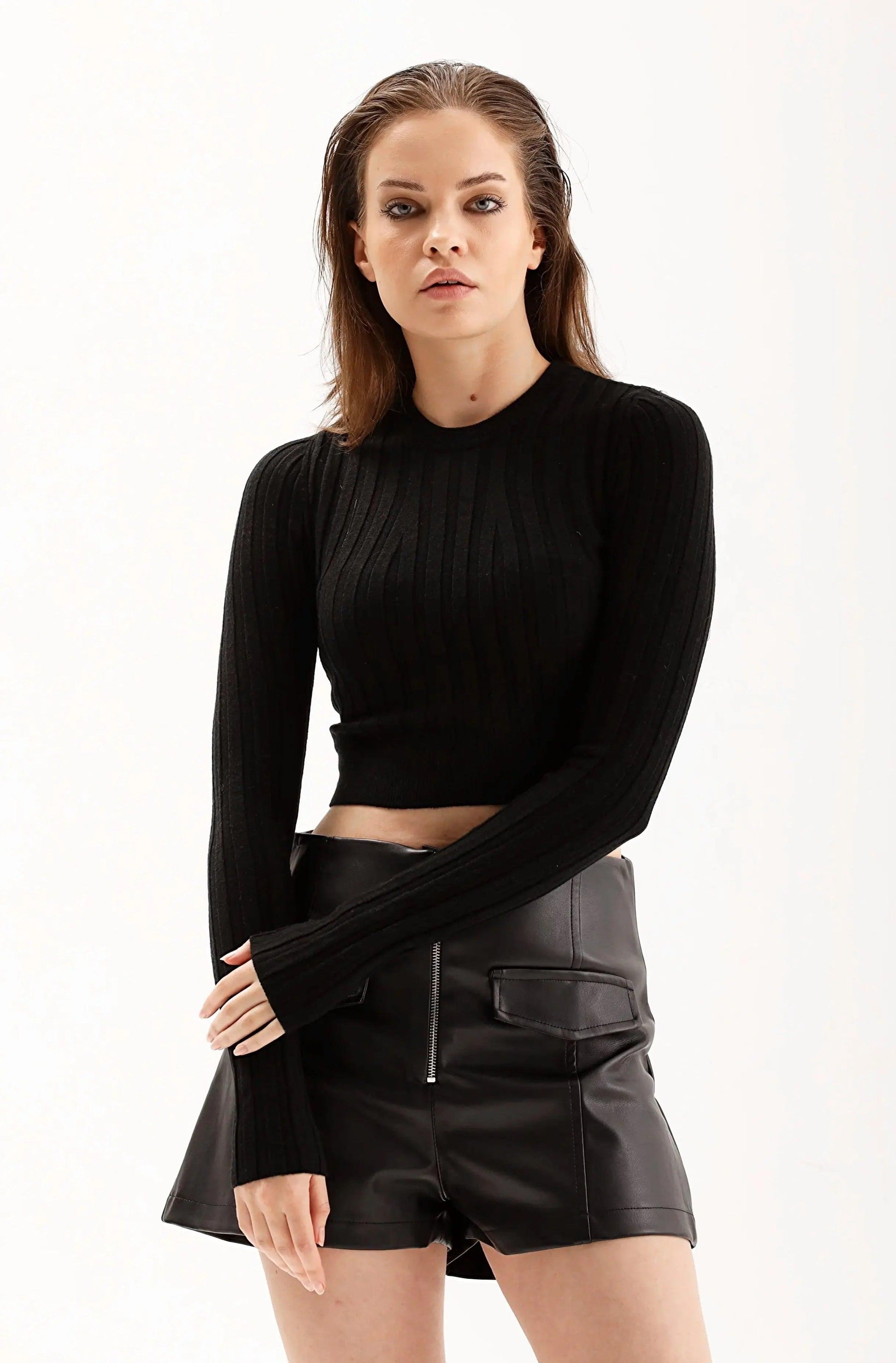 Women's Black Soft Knit Rib Long Sleeve Cropped Sweater THIMOON®