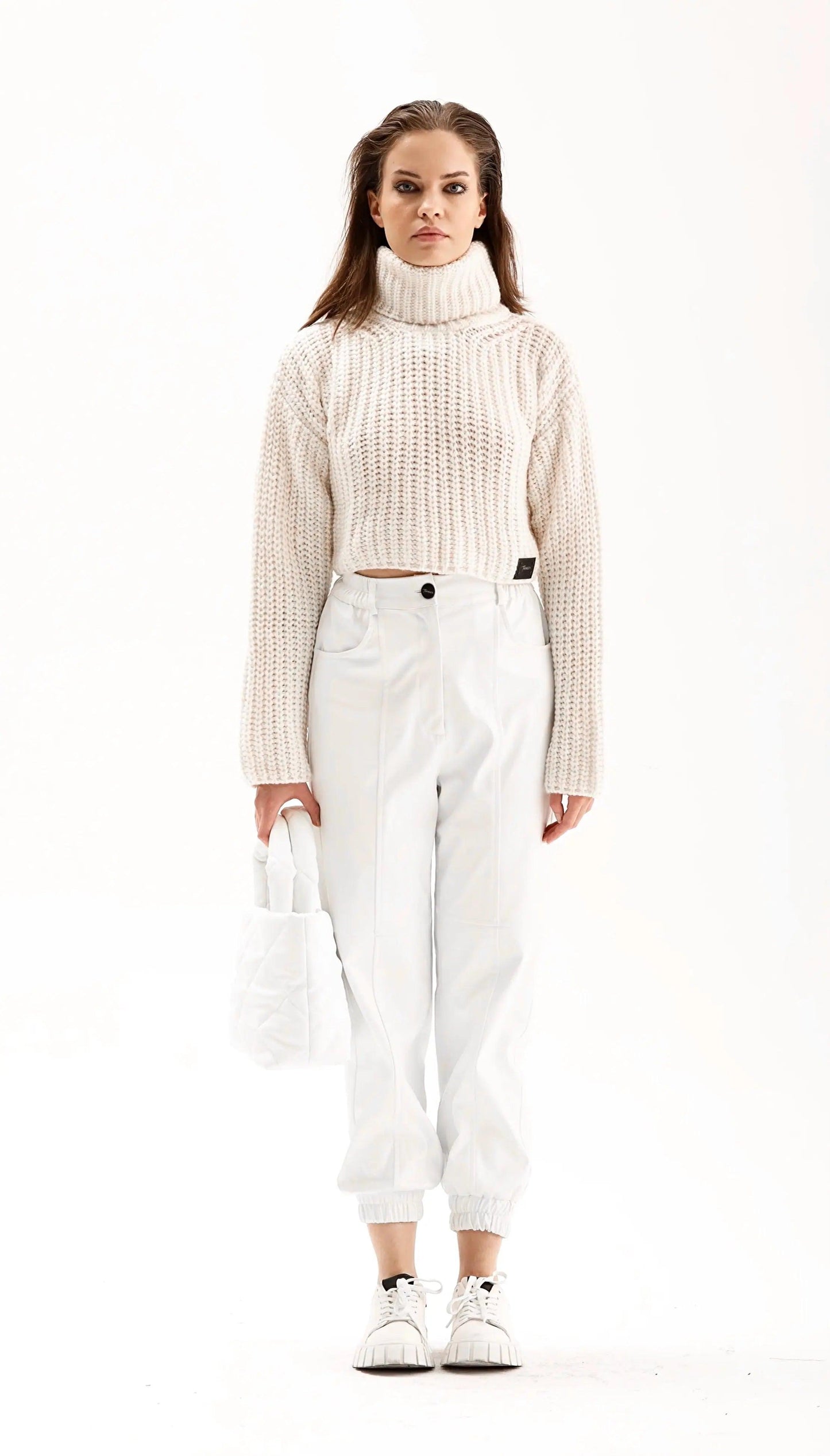 Women's Cream Knitted Crop Turtleneck Sweater THIMOON®