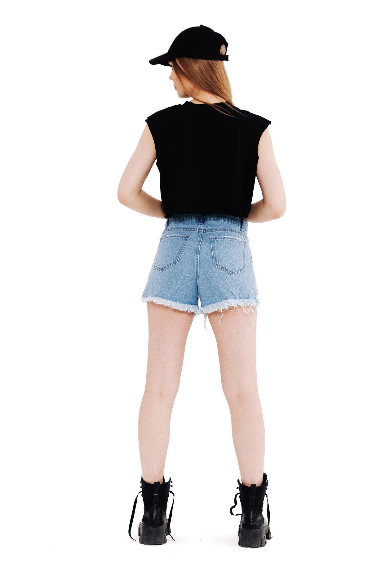Women's Ripped Blue Denim Mini Shorts THIMOON