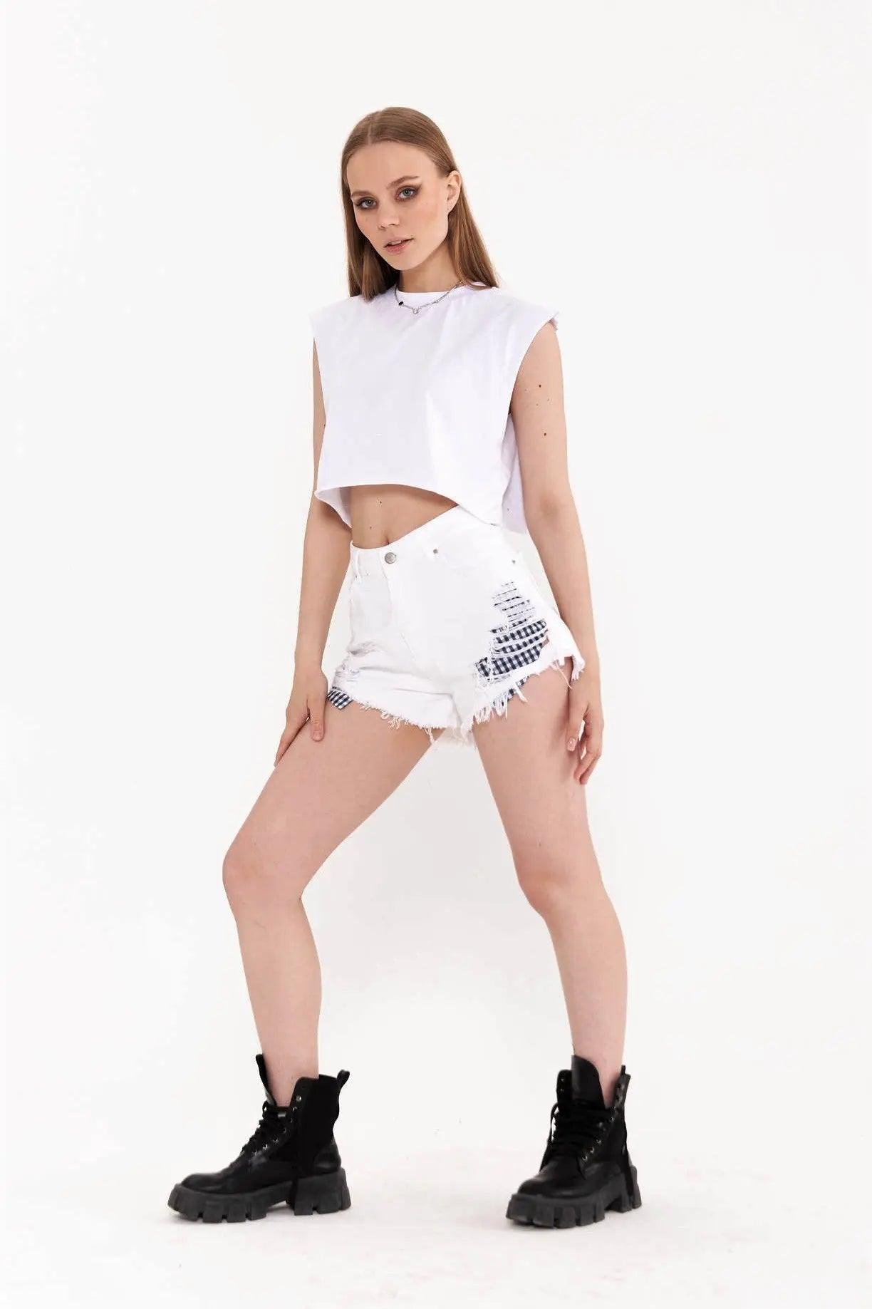 Women's Ripped White Denim Mini Shorts THIMOON®